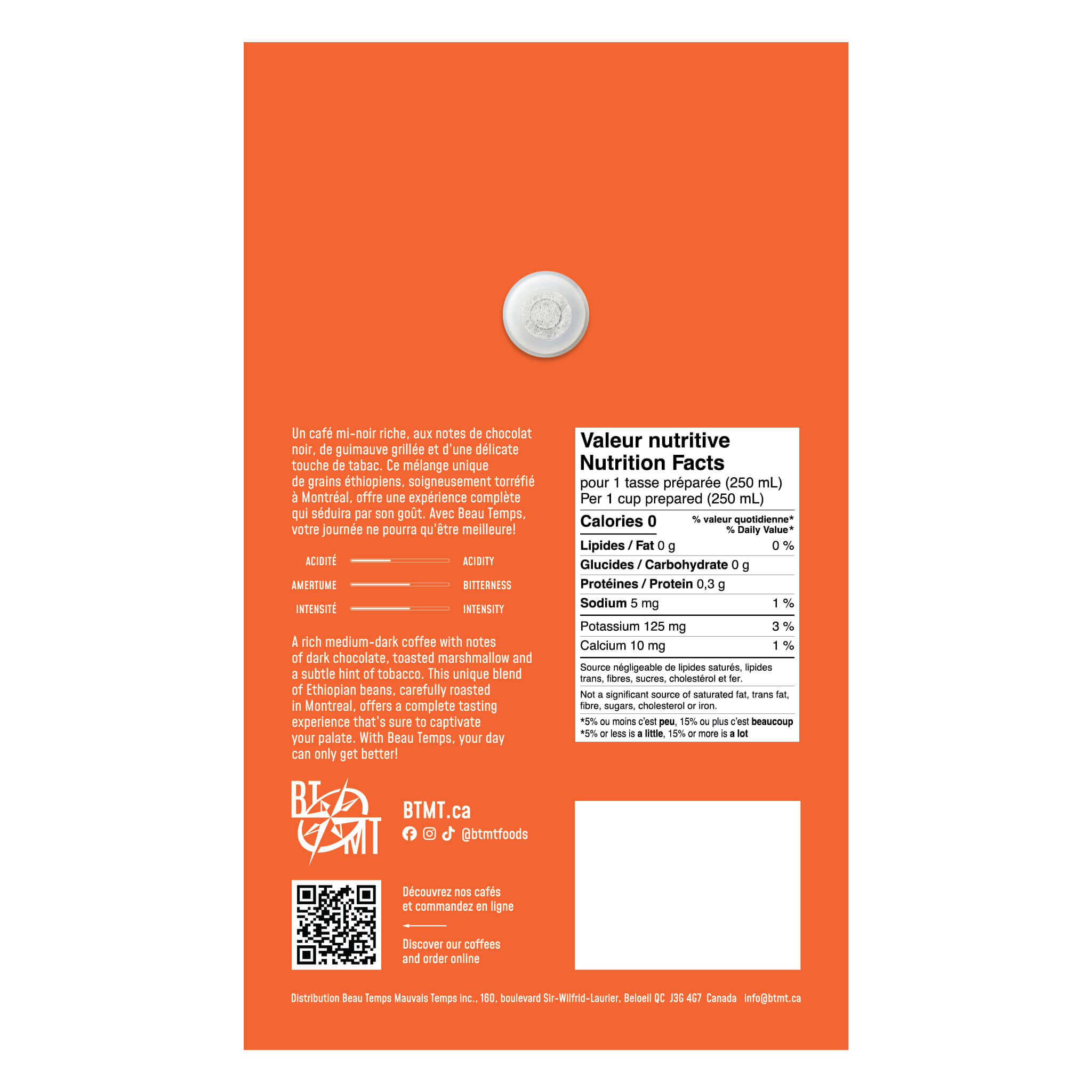 Vue arrière du sac de 500 g du café en grains Beau Temps