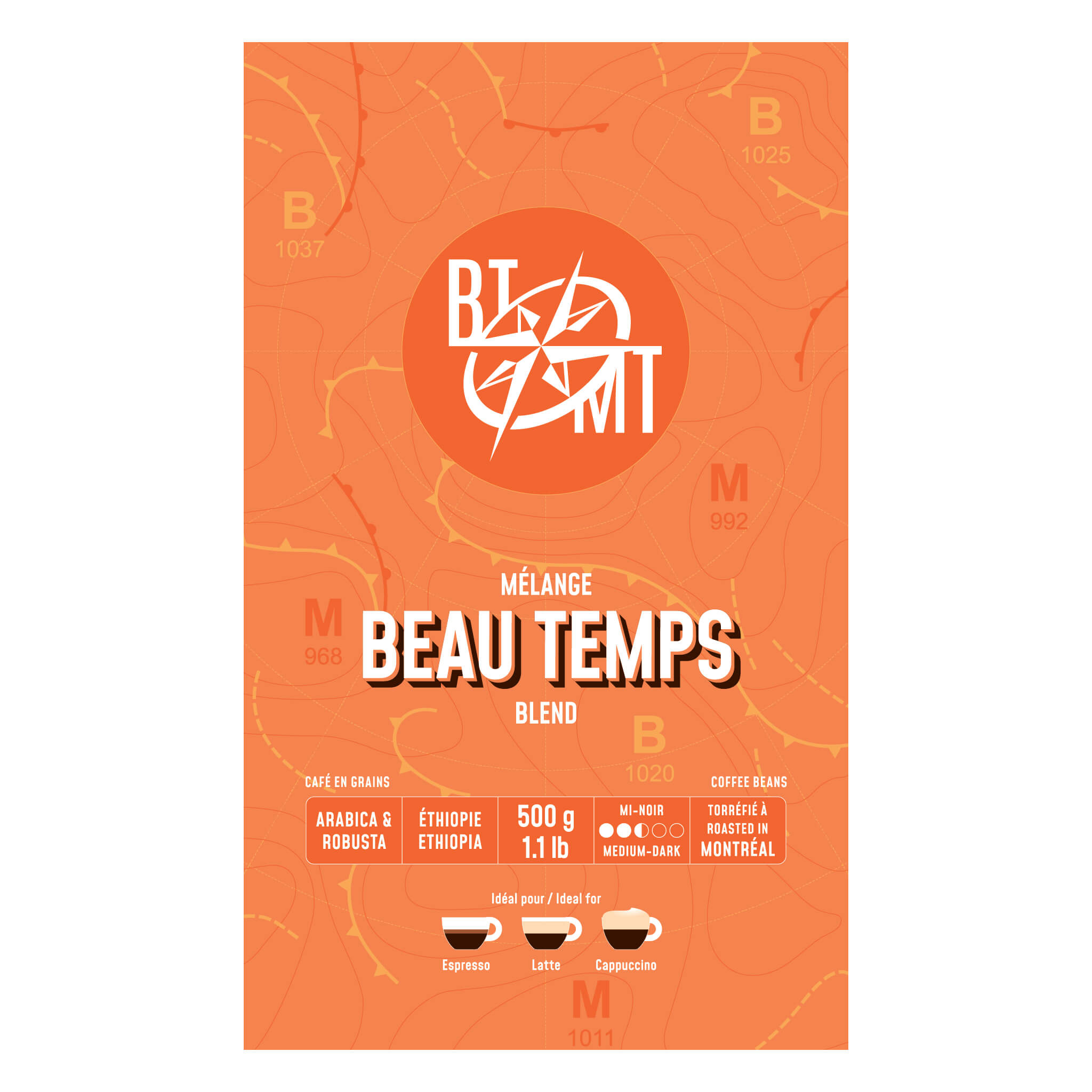 Vue de face du sac de 500 g du café en grains Beau Temps