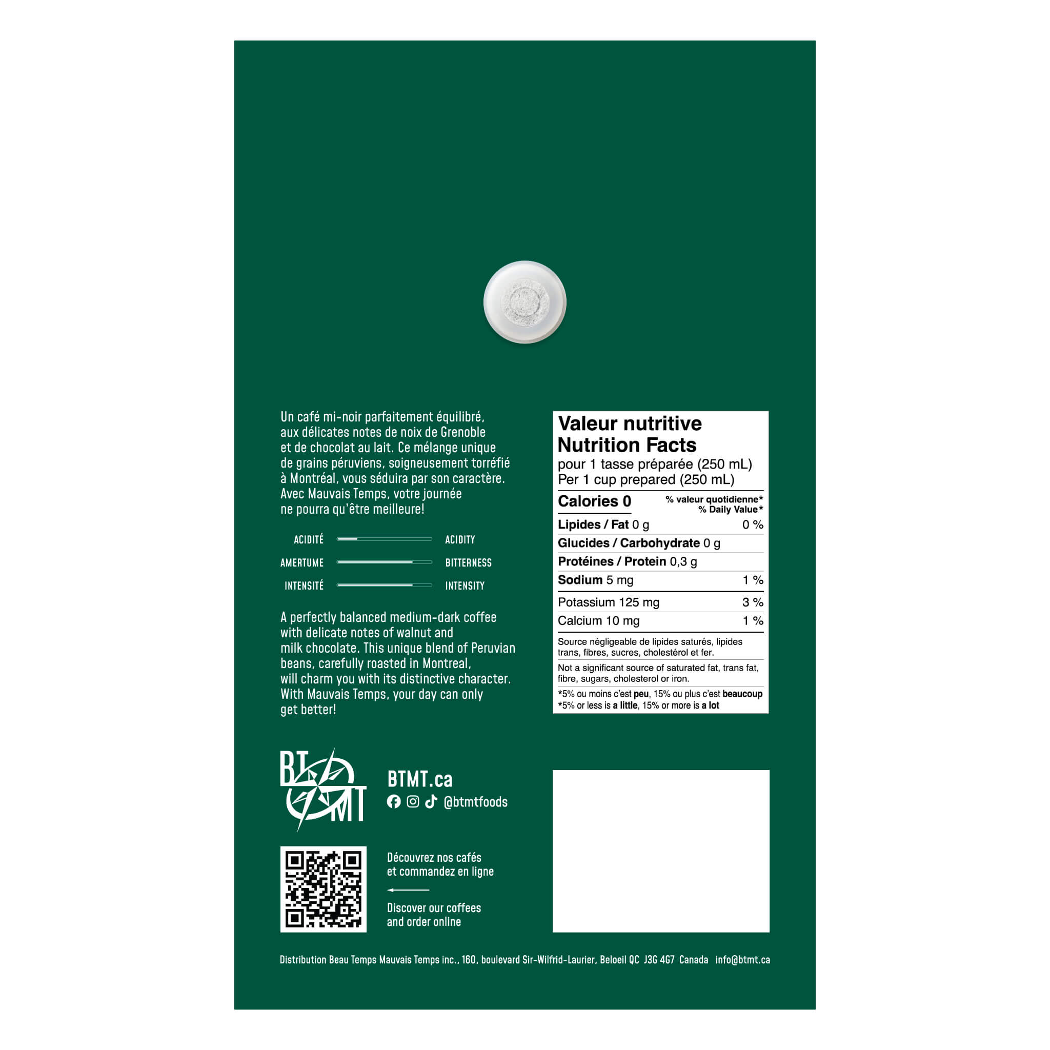 Vue arrière du sac de 500g de café en grains Mauvais Temps