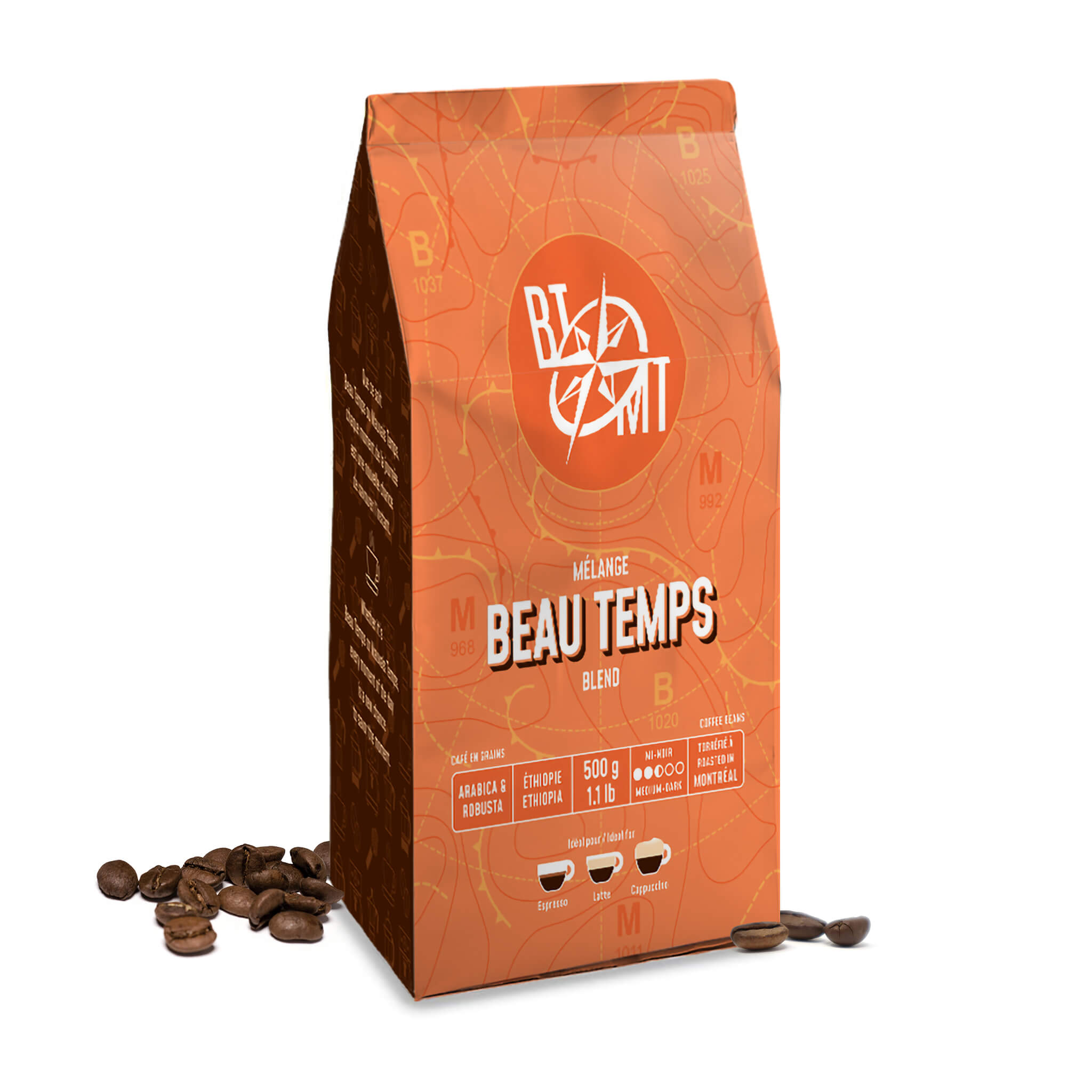 Vue 3D du sac de 500 g du café en grains Beau Temps