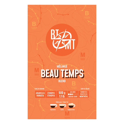 Vue de face du sac de 500 g du café en grains Beau Temps