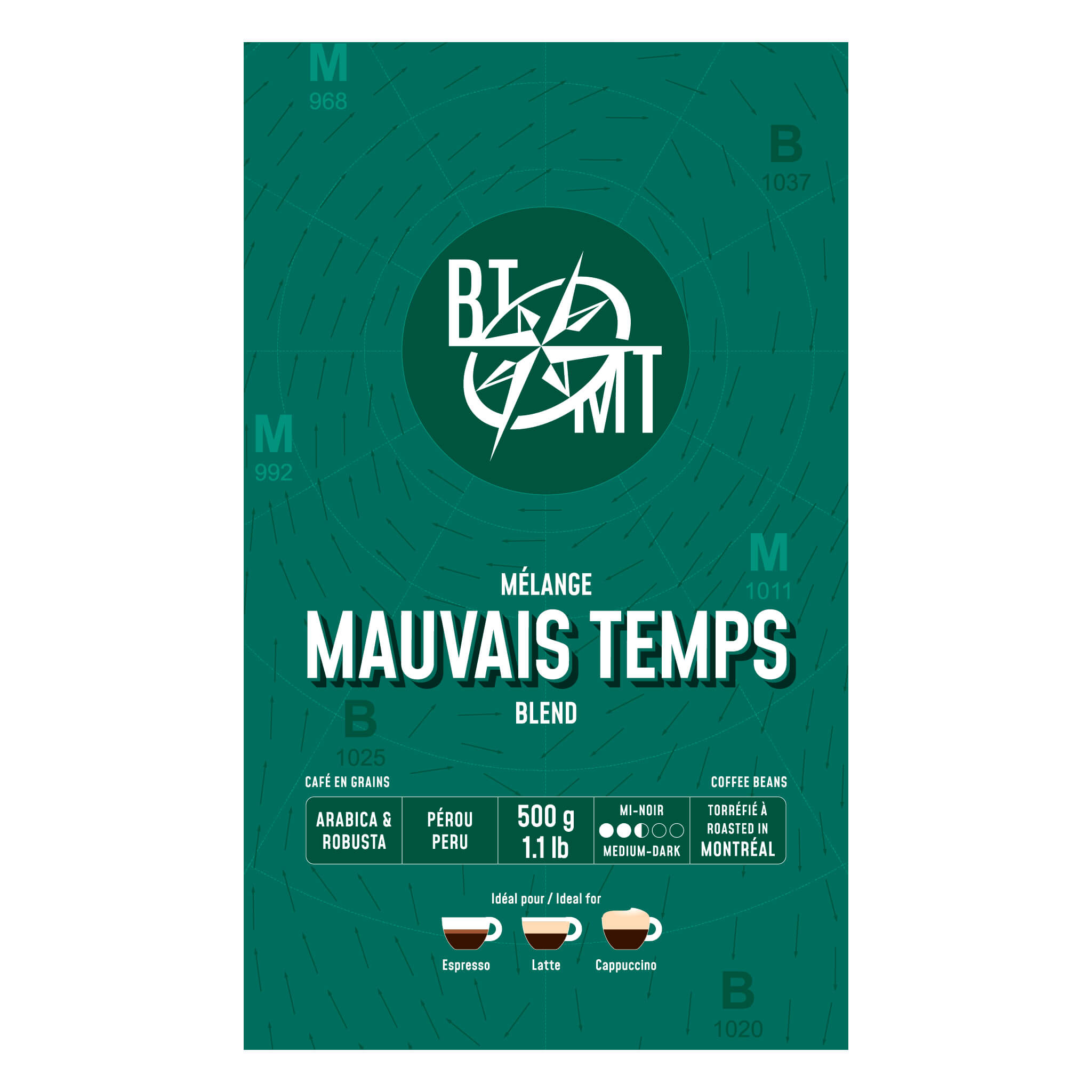 Vue de face du sac de 500g de café en grains Mauvais Temps