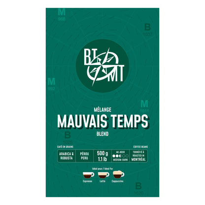 Vue de face du sac de 500g de café en grains Mauvais Temps